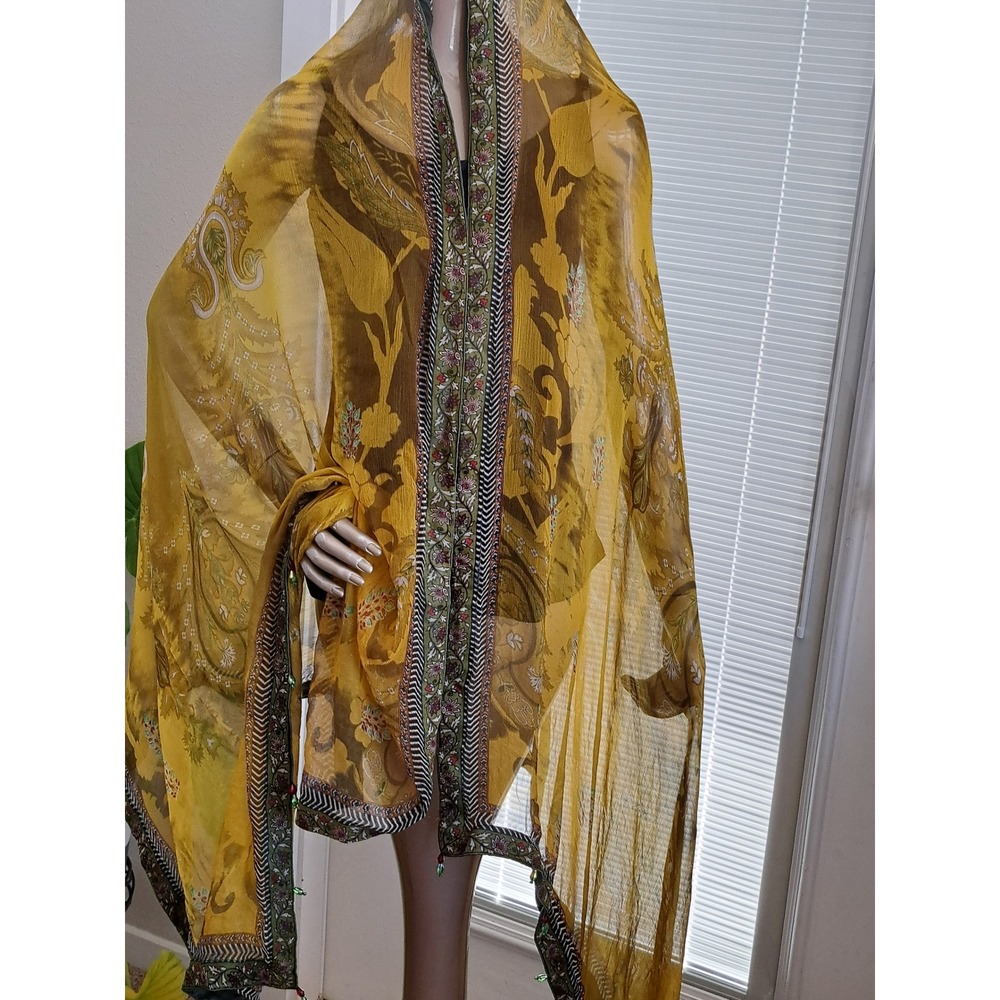Yellow Floral Paisley Sheer Dupatta Scarf Beaded Border Bohemian Wrap Scarf